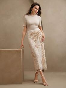 Anewsta 女士天然手工编织中长裙 春夏、海滩、度假 - 米色 - 查看 1