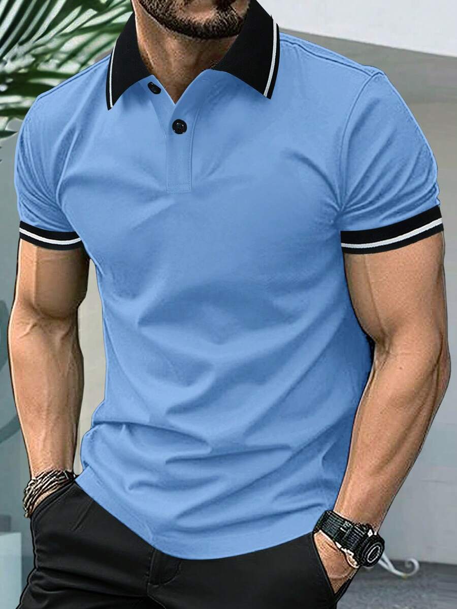 Manfinity Homme Men's Solid Color Polo Shirt, Simple Fashion Casual For Daily Wear Polo Shirt For Men - Blue - View 1