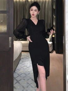 DAZY V-Neck Sequin Puff Sleeve Split Ruffle Hem Mid-Length Dress For Women Prom Dress,Fall Dress Long Sleeve Dress Elegant Women Dresses - Black - View 6