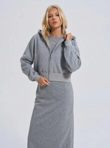 SHEIN Tall 2 Pcs Dress And Front Zipper Detailed Jacket - Grey - View 3