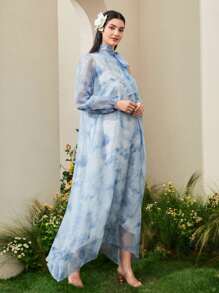 Modelyn Sukienka damska z asymetrycznymi rękawami i wiązaniem na ramionach - Niebieski - Zobacz 7