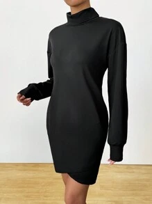 Zolique Robe mi-longue à manches longues col montant avec ourlet asymétrique - Noir - Voir 6