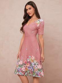 SHEIN Clasi Women's Floral Print V-Neck Dress With Defined Waist,Pastel Dresses For Women
