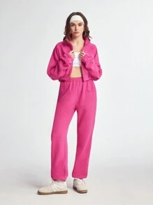 SHEIN Sports قميص ثقيل رياضي كاجوال أساسي بأكمام طويلة وسحاب أمامي للنساء - روز أحمر - مشاهدة 7