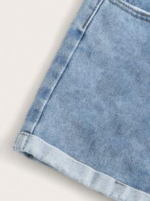 High-Waisted Rolled-Up Denim Shorts For Summer - Green - View 4