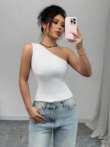 SHEIN Unity New Oblique Strap Camisole Top, Sexy Side Cut Out Sleeveless Short Knit Crop Top, Spring/Summer - White - View 5