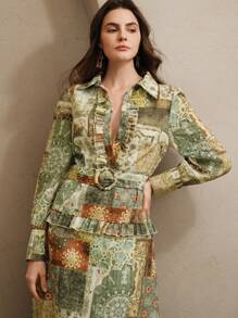 Anewsta Elegant Vacation Style Geometric Print Collar Shirt Dress, Spring - Multicolor - View 5