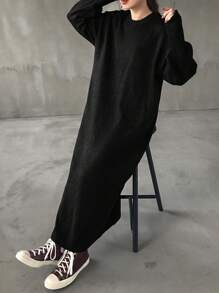 FRIFUL 女士休闲简约纯色落肩宽松针织毛衣连衣裙 - 黑色 - 查看 7