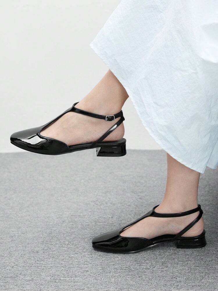 CUCCOO BIZCHIC Women Square Toe Comfortable T-Strap Black Patent Slip-On Flat Casual & Commuting Shoes, Spring Elegant Chic Style Suitable For Casual, Work, Wedding Spring Shoes Spring Break Easter For Christmas Spring Shoes