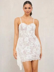 Lumalex Women's Mini Dress With Lace 3D Flowers, Spaghetti Straps, Flounce Trim