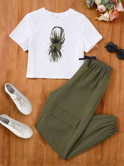 SHEIN 2 件青少年女孩白色针织蝴蝶印花 T 恤和腰带蝴蝶工装裤套装，适合居家、休闲、节日、午餐、音乐节、郊游、春夏