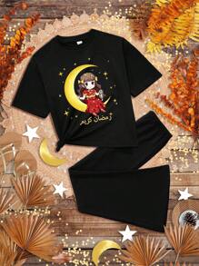 SHEIN Leap Crew Set de 2 piezas de top de manga corta y pantalones con estampado de niña, estrellas y luna, estilo minimalista y casual para niña en verano - Negro - Ver 1