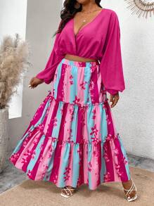 Breezaya Elegant Women Summer 2pcs Set Solid Color Lightweight Loose Long Sleeve V-Neck Top + Long Striped Hem Color Floral Skirt, Plus Size