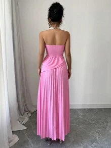 Elenzga 2pcs Women Bandeau Top & Pleated Skirt Set