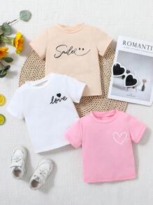 SHEIN Vintaside Kids 3Pcs/Set Baby Girl Comfy Soft Loose Casual Versatile Short Sleeve Tees Tops, Heart & "Love" Letter Print In Pink, White, Apricot, Suitable For Spring & Summer