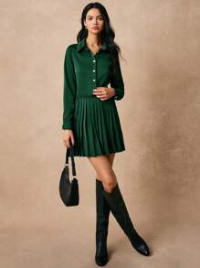 Poéselle Button Front Satin Blouse & Pleated Skirt - Dark Green - View 3