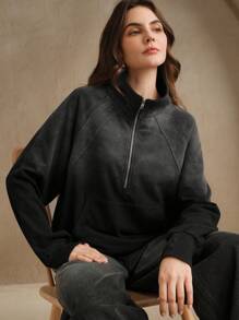 Anewsta Ladies Retro Modern Stand Collar Pullover Half Zipper Raglan Sleeve Washed Spray Color Long Sleeve Sweatshirt Fall - Black - View 1