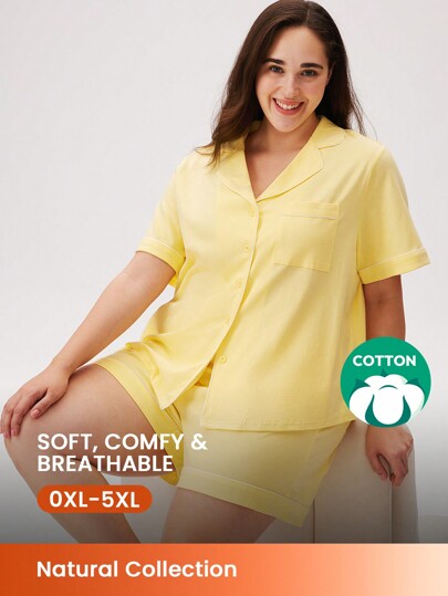 LUVLETTE Conjunto de pijama de mujer talla grande de algodón 100% puro suave con top de manga corta con botones y pantalones cortos, pantalones con bolsillos, conjunto de ropa de estar por casa para mujer, color amarillo