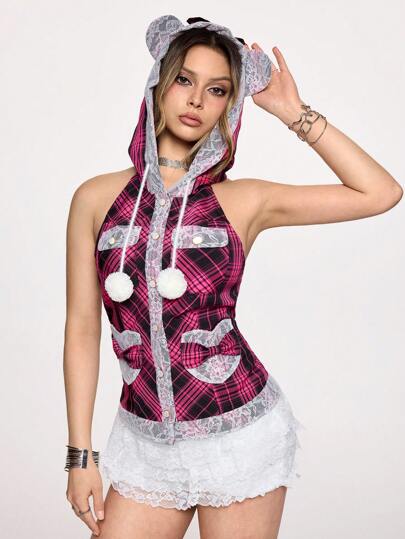 Kawaii Vintage Y2K Harajuku Mädchen karierte Spitze Patchwork Schleife Rückenbindung Dekor Bluse für Frauen