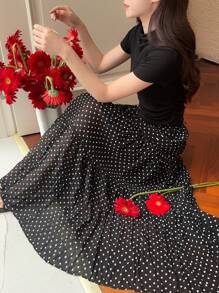 DAZY Women Polka Dot Chiffon Versatile Black & White Skirt Fall Skirts