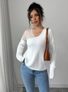 Chiquease Women Spring Autumn Casual Ribbed Loose Organza V-Neck Sweater Knit Pullover Fall Winter Sweater - White - View 1