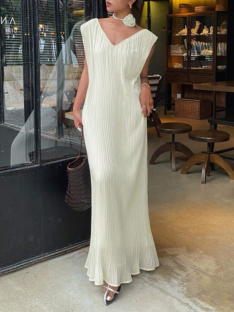 Elegant Resort Casual Dress, Loose Sleeveless Textured Solid Color Fabric Long Dress For Women, Spring/Summer Sundress