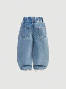 SHEIN Baby Mädchen süße Schleife Dekor Hellblau Denim Weit geschnittene Hose, Mädchen Herbst und Winter Kleidung - Helle Waschung - Übersicht 2