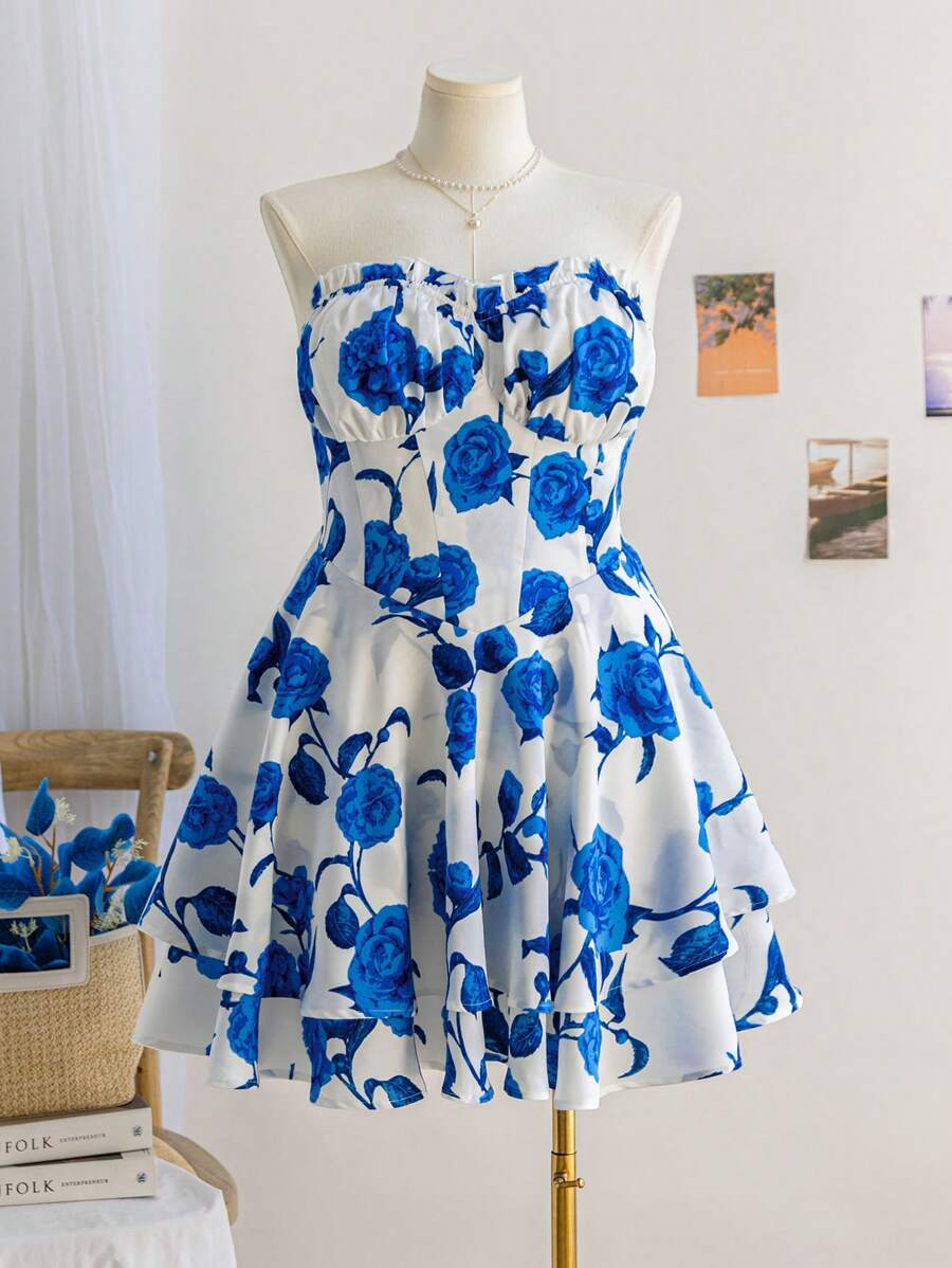 Soleia Vestido de mujer de talla grande con estampado de rosas y cintura elástica, adecuado para volver al colegio, vacaciones y uso a principios de otoño - Azul - Ver 1