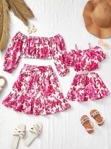 SHEIN Baby Girl Summer Vacation Matching Family Outfit, Mother And Daughter Floral Pattern Camisole Top And Midi Skirt Set