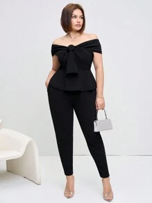 SHEIN Clasi Plus Size 2 Pieces Set, Solid Color Short Sleeve Top And Pants, Minimalist Fashion Casual Everyday Wear