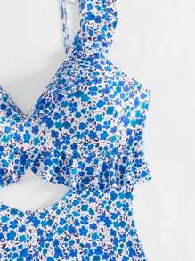 Swim Mod 1pc Ditsy Floral Cut-Out Ruffle Trim One-Piece Swimsuit, Random Print Pattern, Suitable For Beach & Holiday For Summer Beach Vacation