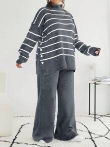 RueChic Striped Pattern Drop Shoulder Sweater & Flare Leg Knit Pants - Grey - View 5