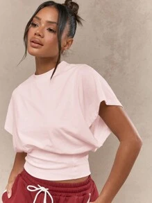 MISSGUIDED 不對稱垂墜短版T恤上衣，現代極簡設計，女性休閒夏季寬鬆版型，收腰街頭風必備百搭時尚款 - 粉色 - 查看 4