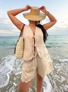 SHEIN VCAY Plus Size Solid Color Vest & Shorts Two-Piece Set For Vacation, Lounge Sets For Women, Casual Beach Outfit Airport Business Casual Summer Sets - Apricot - View 3