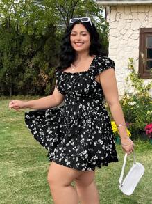 SHEIN EZwear Bộ đồ liền thân in hoa cỡ lớn, mặc thường ngày - Nhiều màu - Xem 5
