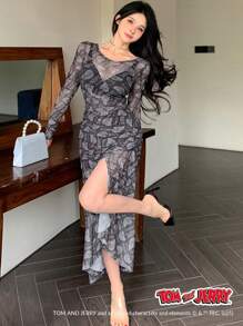 TOM AND JERRY X DAZY 透明圆领印花网眼修身长袖女式衬衫，秋季女装 - 黑色 - 查看 6