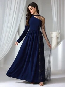 Coutiva Women New Special Patchwork Long Sleeve Formal Evening Gown, Wedding Guest Dress, Party Dress, Prom Dress