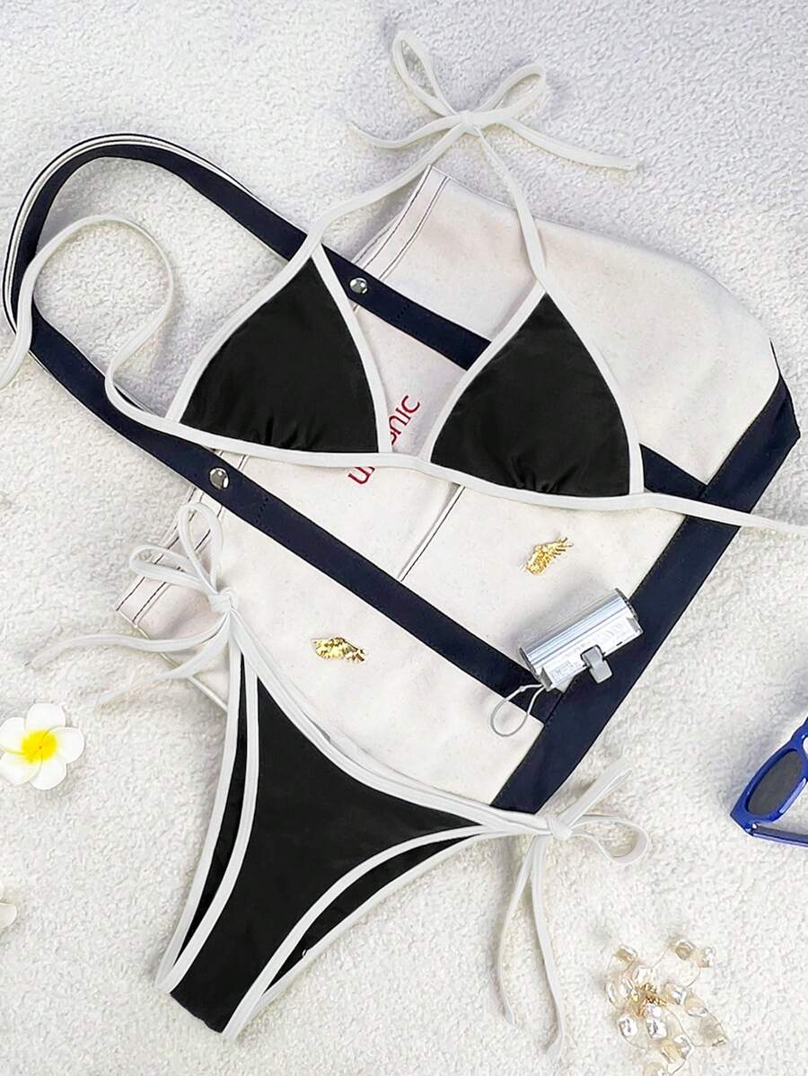 Swim Mod 2026 Spring/Summer Women's Swimsuit, Spaghetti Strap Halter Neck Black & White Color Block Sexy Vacation Side Tie Thong Bikini Set