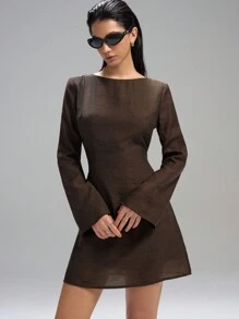 LYSMO Backless Tie-Back Bell Sleeve Mini Dress- Spring/Summer Vacation-2025New Arrival - Coffee - View 5