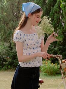 Wildeya Elegant Ditsy Floral Crew Neck Fitted Short Sleeve T-Shirt For Teen Girls, Casual All-Match Versatile, Suitable For And School, Suitable For Spring And Summer, Girls Exquisite Clothing, Princess Style, And Cute, No Traditional Patterns, Mainly Floral/Partial Decoration