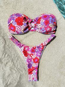 SHEIN VCAY 女士花卉印花抹胸比基尼上衣和下装 2 件套泳衣套装，适合夏季海滩度假、春夏、女士夏季服装、女士度假服装、女士海滩服装、女士春季服装、女士音乐会服装、波西米亚风、狂欢节服装、女士节日服装、春假、海滩度假服装、泳衣、聚拢比基尼 - 粉色 - 查看 4