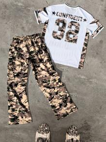 Manfinity LEGND 2 Pieces Plus Size Men's Casual Round Neck Short Sleeve Printed Top And Pants Set - Multicolor - View 1