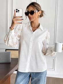 SHEIN Frenchy Women's White Floral Elegant Everyday Blouse,Autumn Casual Patchwork Long-Sleeved Shirt,Spring/Summer Sleeves Positioning Print Lapel Blouse,Flower - Multicolor - View 4