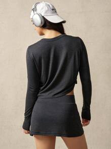 VARSITIE Workout Sets Women Solid Color Cropped Long Sleeve T-Shirt And Skort Sports Suit