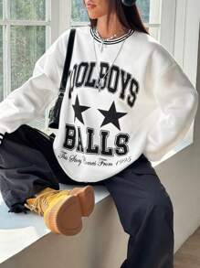 SHEIN Unity Race Pattern Print Contrast Color Collar Round Neck Women's Sweatshirt, Thermal Lined - White - View 6