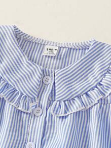 SHEIN 女宝宝荷叶边领条纹短袖上衣和短裤 2 件套 - 藍色 - 查看 4