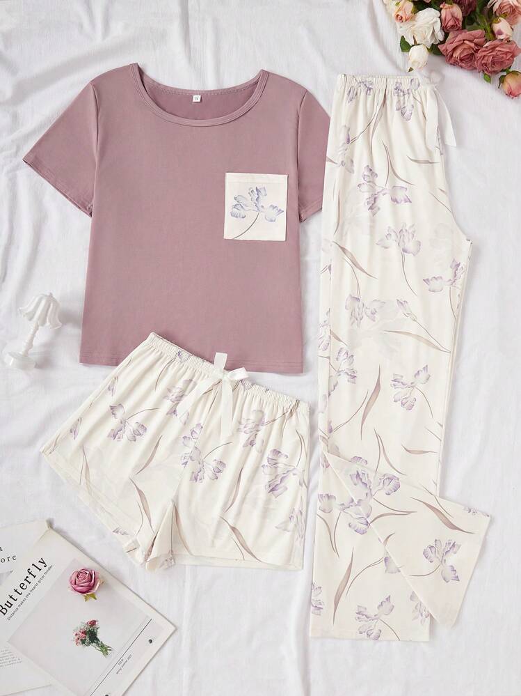 女性用 フローラル柄 快適カジュアルパジャマセット 3点 | SHEIN JAPAN