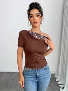 SHEIN Unity Knitted Leopard Print Lace Splice Oblique Shoulder Short Sleeve T-Shirt - Brown - View 8