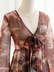 Soleia Women's Retro Tie Dye Print V-Neck Front Bowknot Flare Sleeve Asymmetrical Hem Fitted Blouse, Suitable For Party, Festival, Vacation - Multicolor - View 8