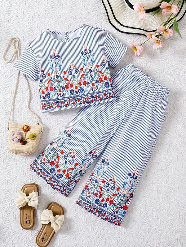 SHEIN Wildeya 2pcs/Set Young Girl Round Neck Short Sleeve Printed Casual Top & Pants Set